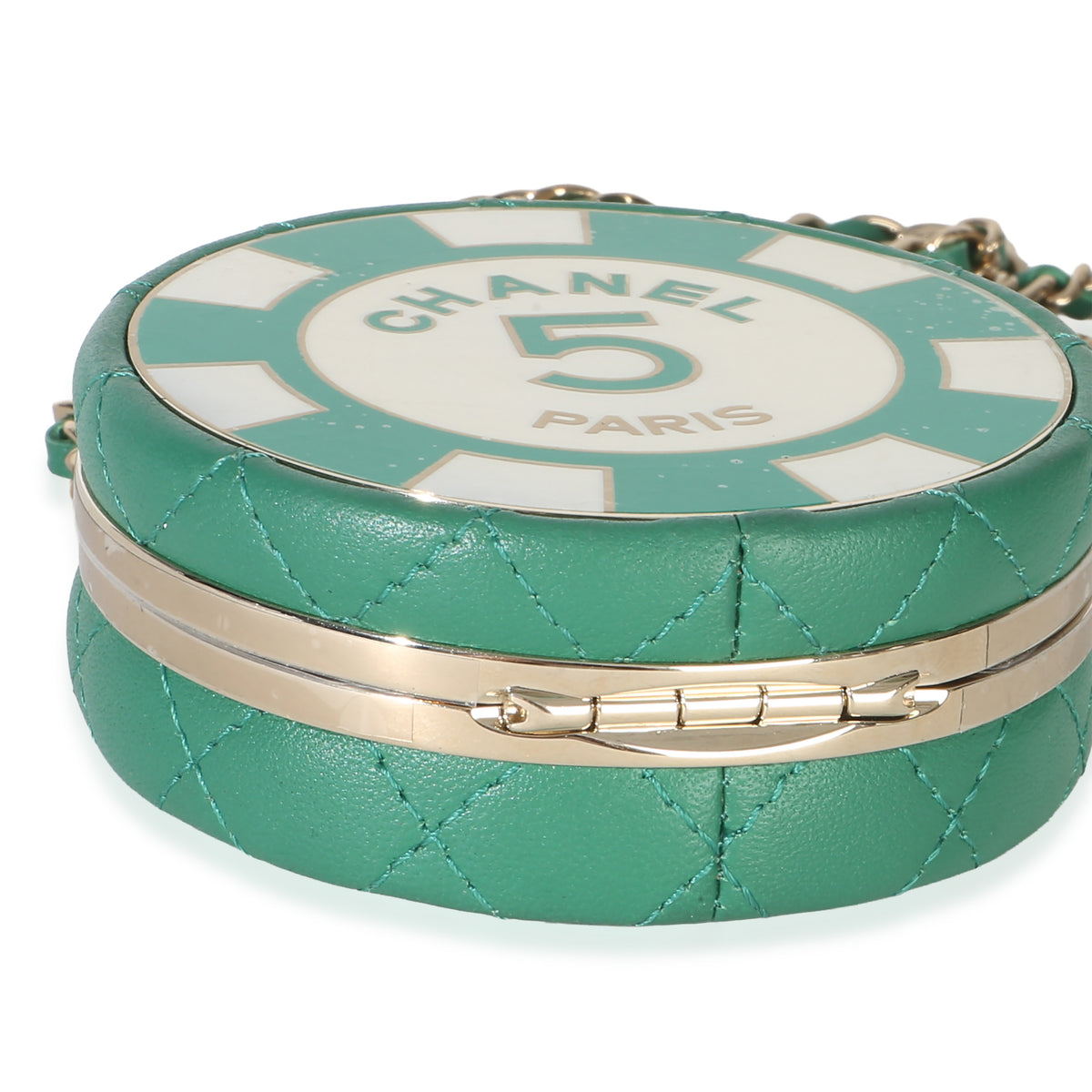 Chanel Green White Quilted Lambskin Enamel Round Poker Chip Clutch With Chain Handbag 5