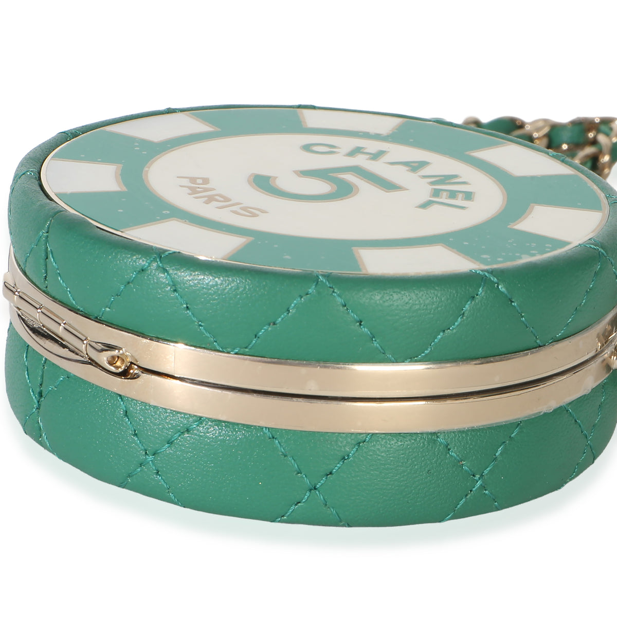 Chanel Green White Quilted Lambskin Enamel Round Poker Chip Clutch With Chain Handbag 6
