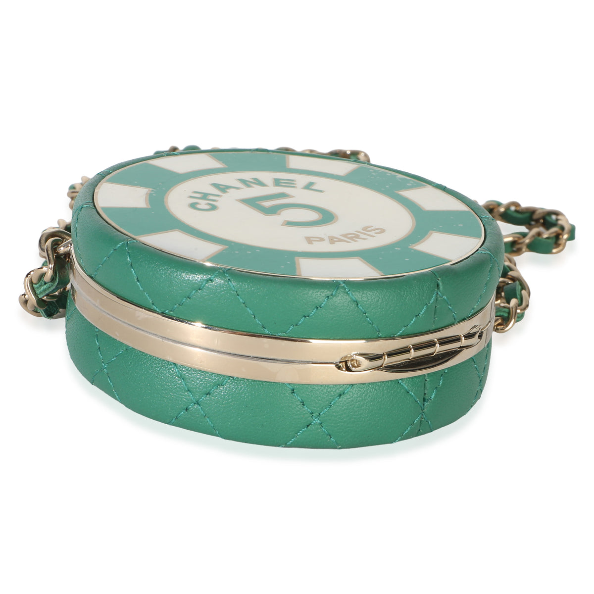 Chanel Green White Quilted Lambskin Enamel Round Poker Chip Clutch With Chain Handbag 7