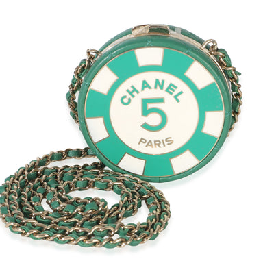 Chanel Green White Quilted Lambskin Enamel Round Poker Chip Clutch With Chain Handbag fv