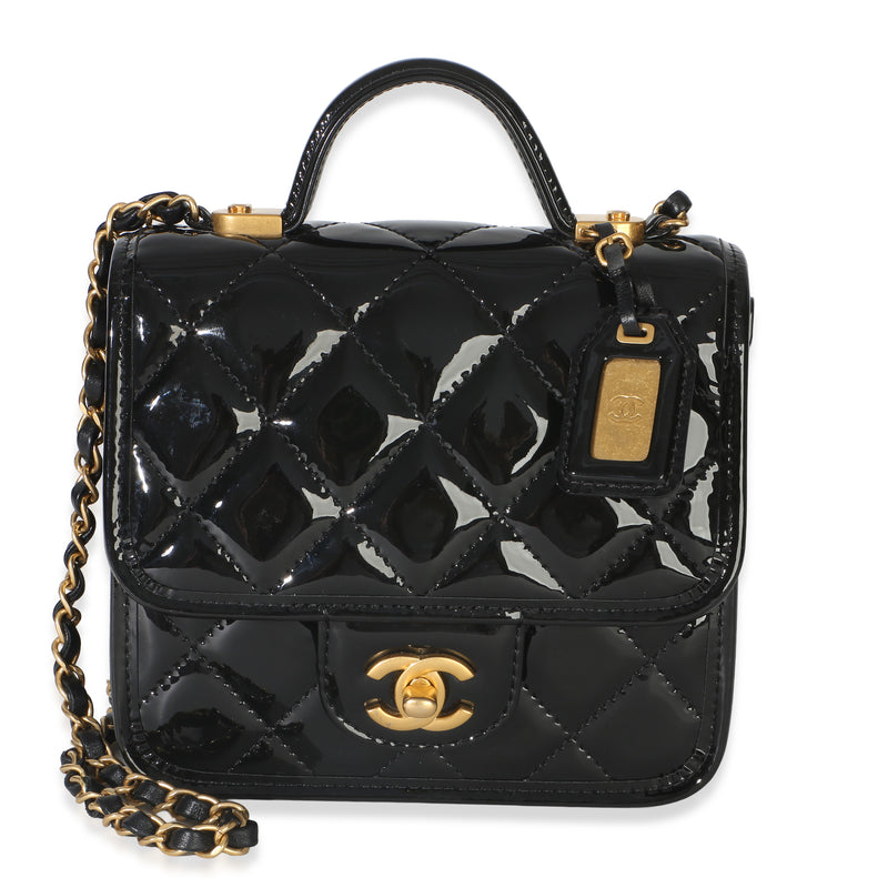 Chanel Black Quilted Patent School Memory Mini Top Handle Flap Bag Handbag id