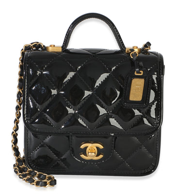 Chanel Black Quilted Patent School Memory Mini Top Handle Flap Bag Handbag fv