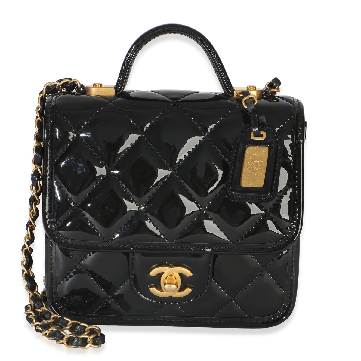 Chanel Black Quilted Patent School Memory Mini Top Handle Flap Bag Handbag fv
