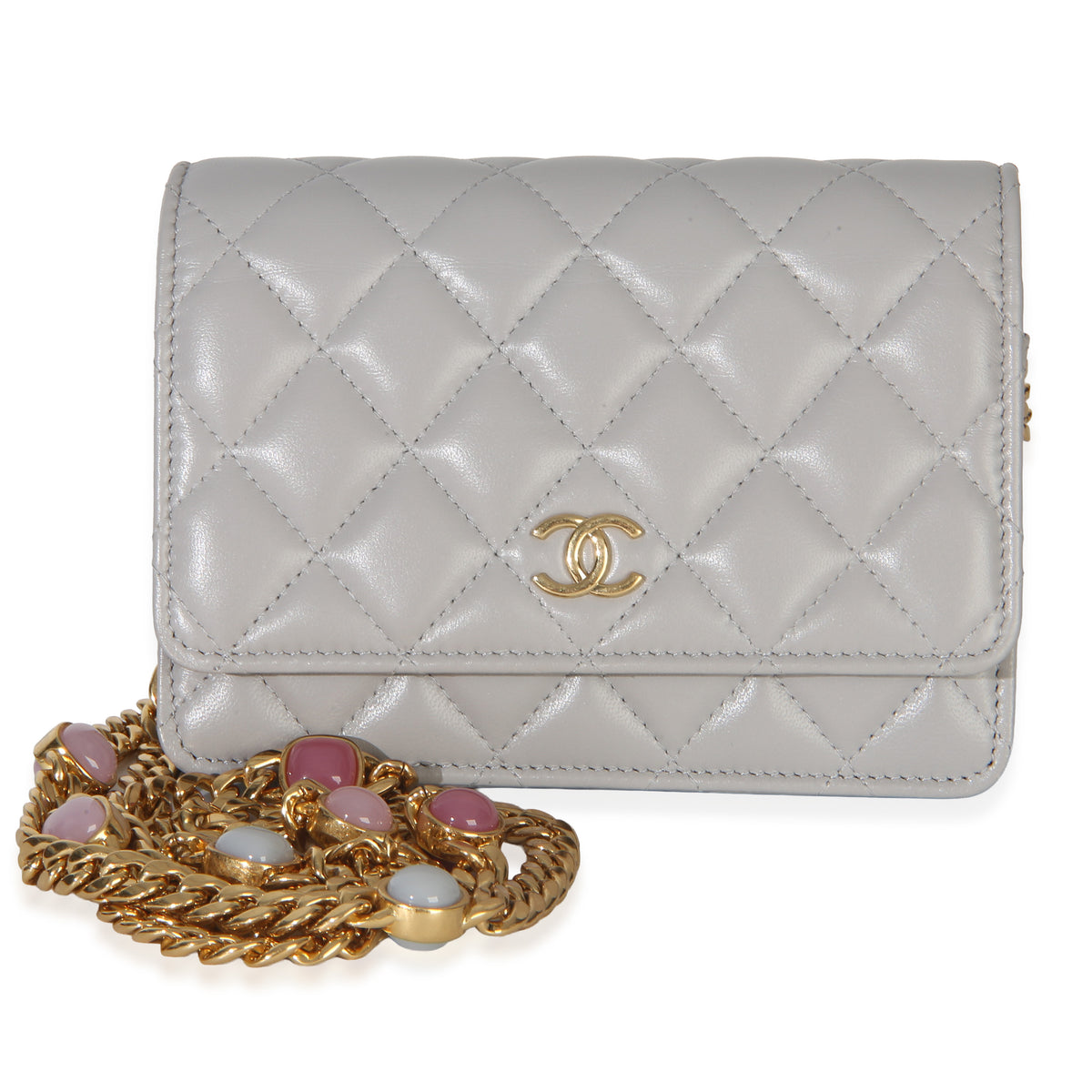 Chanel Grey Quilted Lambskin Jeweled Mini Wallet On Chain Handbag fv