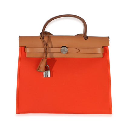 Hermès Orange Poppy Toile Vache Hunter Herbag Zip 31 PM PHW Handbag fv