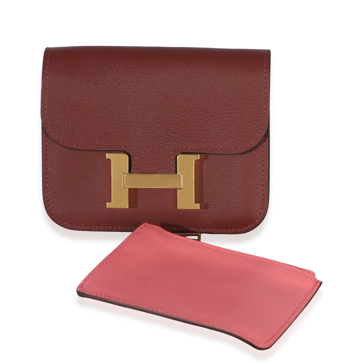 Hermès Rouge H Rose Azalee Evercolor Bicolore Constance Slim Wallet GHW Wallet fv