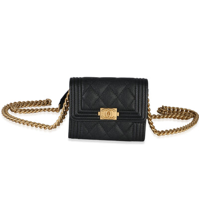 Chanel Black Quilted Caviar Boy Card Holder On Chain Handbag fv