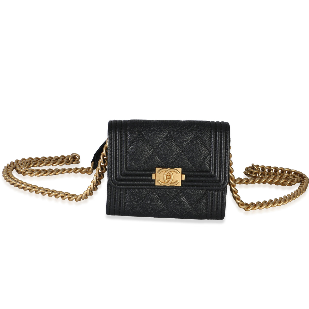 Chanel Black Quilted Caviar Boy Card Holder On Chain Handbag id