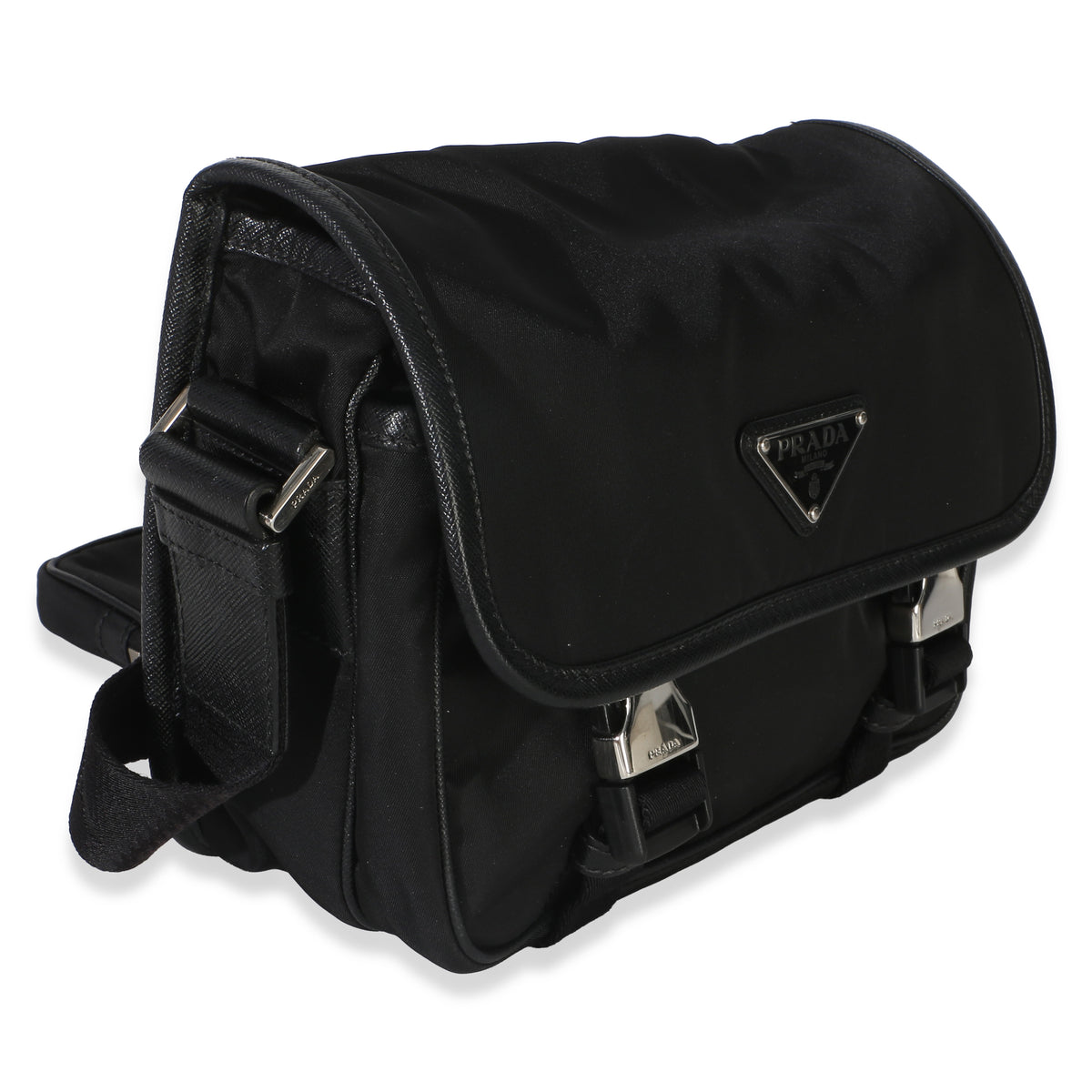Prada Black Tessuto Saffiano Double Buckle Messenger Bag Handbag 3