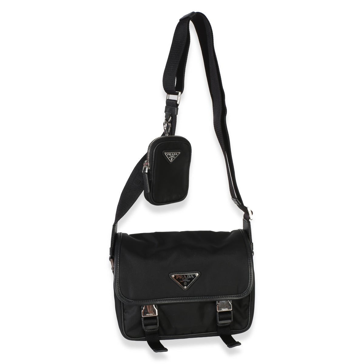 Prada Black Tessuto Saffiano Double Buckle Messenger Bag Handbag 8