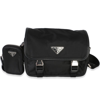 Prada Black Tessuto Saffiano Double Buckle Messenger Bag Handbag fv