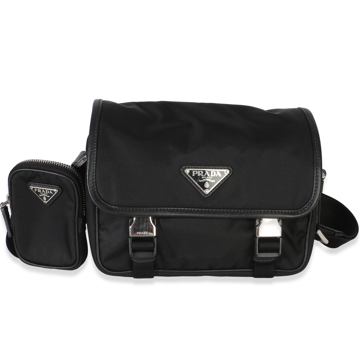 Prada Black Tessuto Saffiano Double Buckle Messenger Bag Handbag id