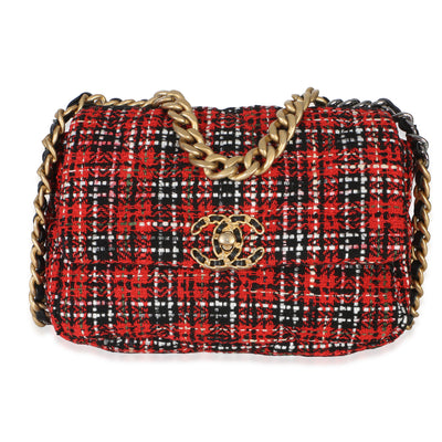 Chanel Red Black Multicolor Quilted Tweed Medium  19 Flap Bag Handbag fv