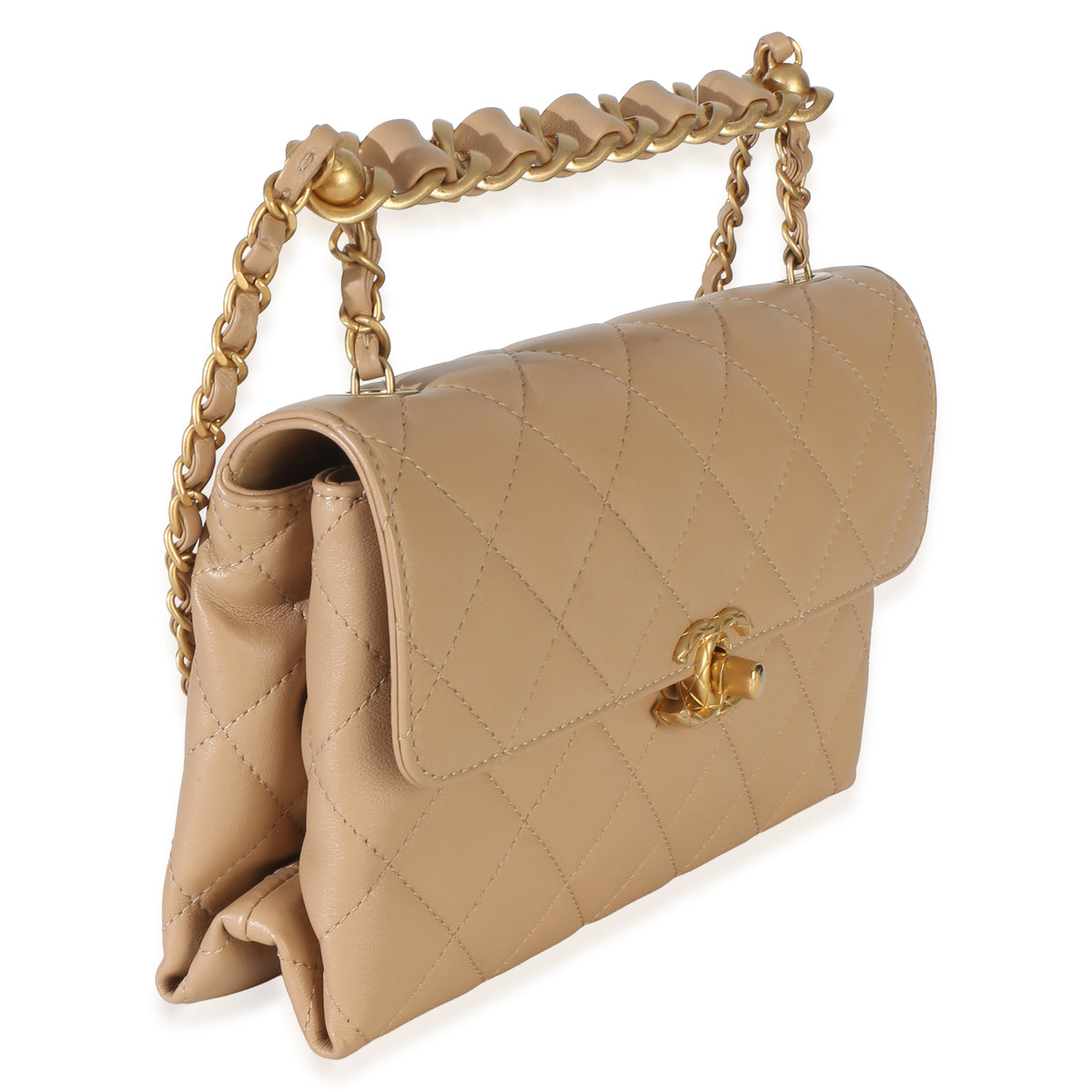 Chanel Beige Quilted Lambskin Chain Top Handle Small Flap Bag Handbag 2