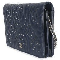 Chanel Blue Lambskin Camellia Studded Wallet on Chain Handbag 2