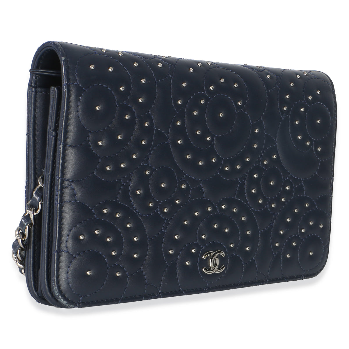 Chanel Blue Lambskin Camellia Studded Wallet on Chain Handbag 3