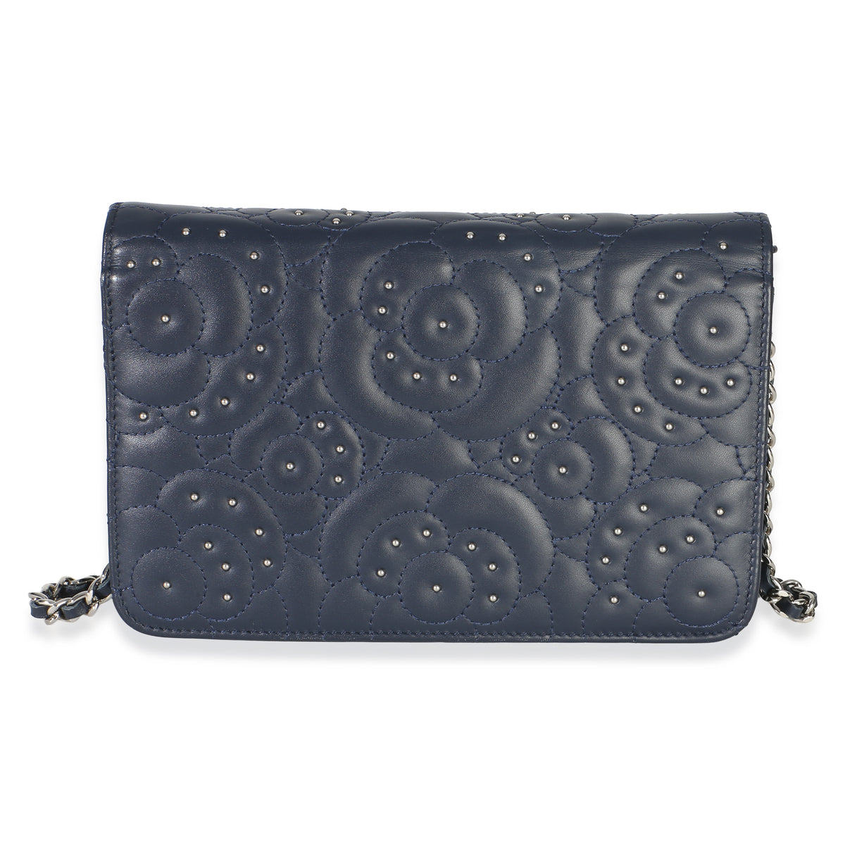 Chanel Blue Lambskin Camellia Studded Wallet on Chain Handbag 4