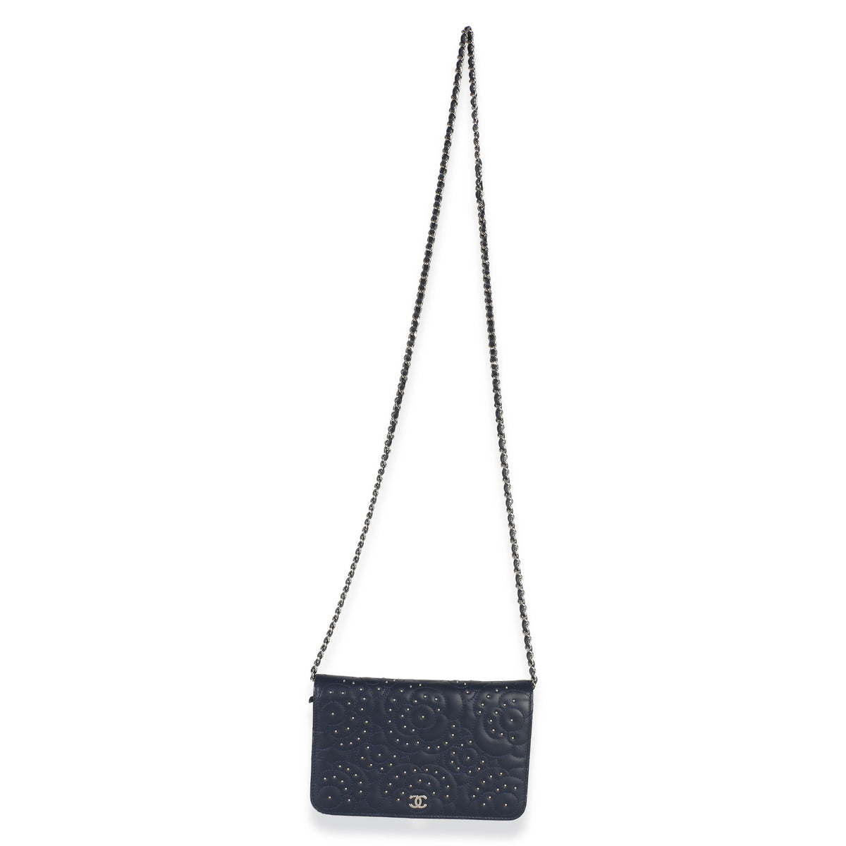 Chanel Blue Lambskin Camellia Studded Wallet on Chain Handbag 8