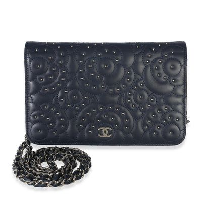 Chanel Blue Lambskin Camellia Studded Wallet on Chain Handbag fv