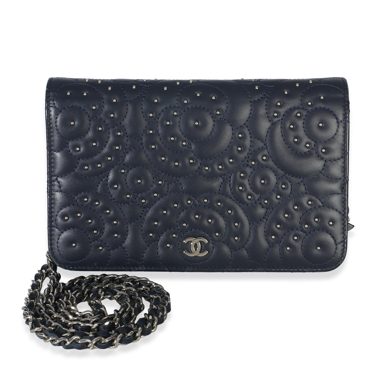 Chanel Blue Lambskin Camellia Studded Wallet on Chain Handbag id
