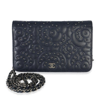 Chanel Blue Lambskin Camellia Studded Wallet on Chain Handbag id