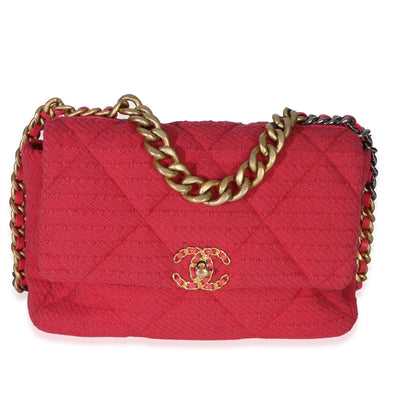 Chanel Pink Quilted Boucle Large  19 Flap Bag Handbag fv