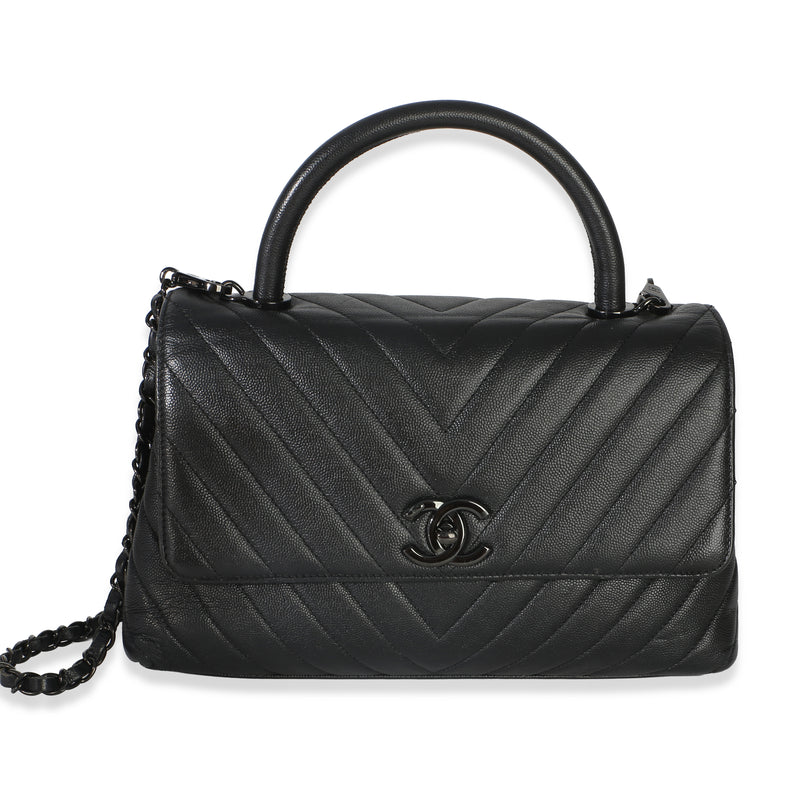 Chanel Black Caviar Chevron So Black Small Coco Top Handle Bag Handbag id