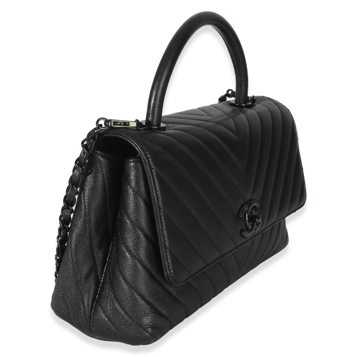 Chanel Black Caviar Chevron So Black Small Coco Top Handle Bag Handbag 4