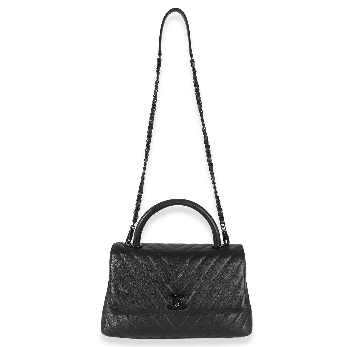 Chanel Black Caviar Chevron So Black Small Coco Top Handle Bag Handbag 9