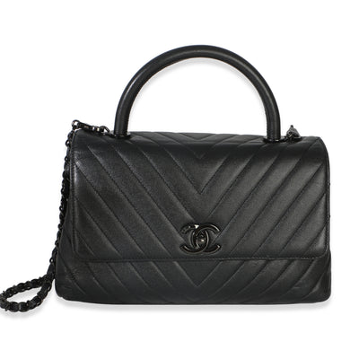 Chanel Black Caviar Chevron So Black Small Coco Top Handle Bag Handbag fv