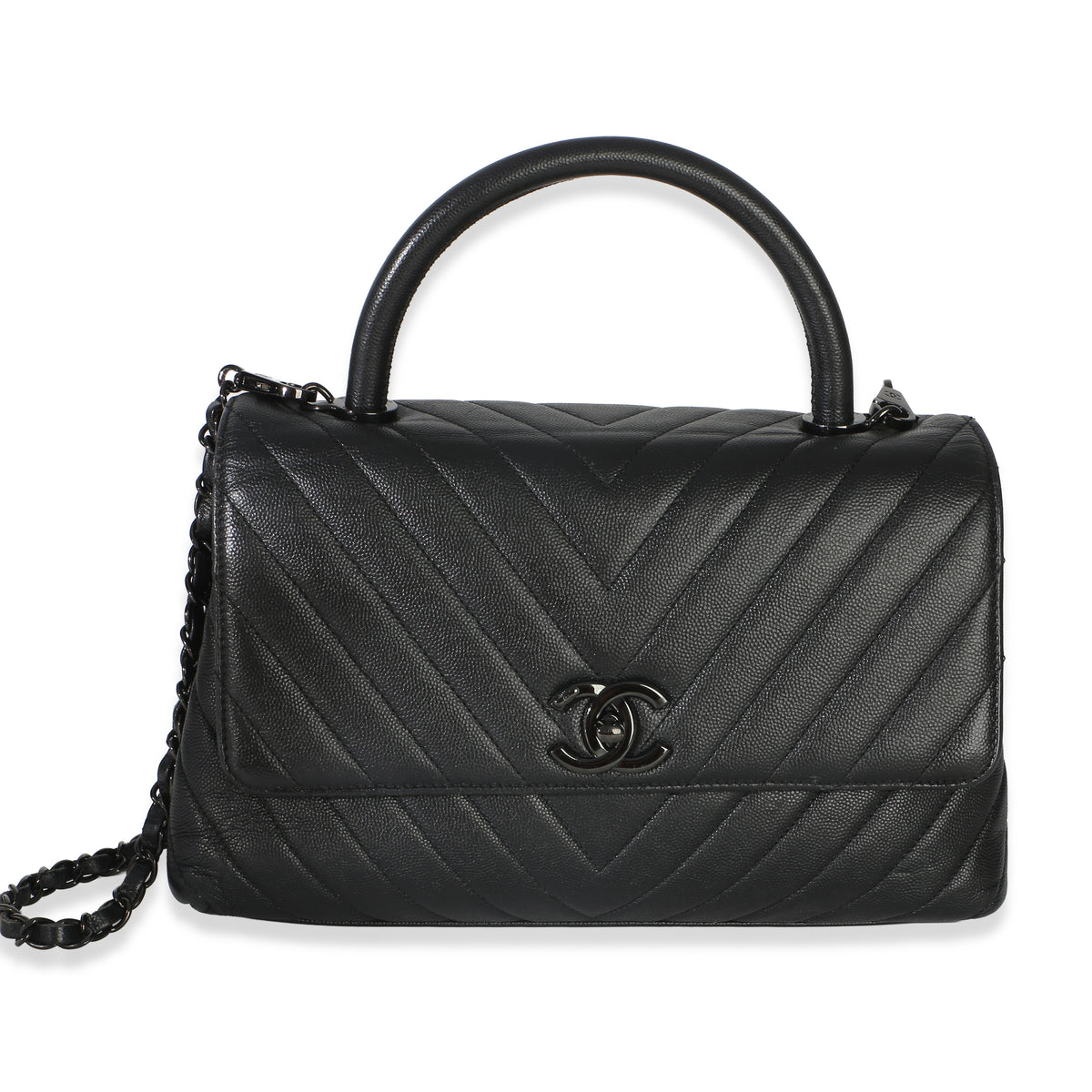 Chanel Black Caviar Chevron So Black Small Coco Top Handle Bag Handbag fv