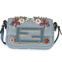 Fendi Blue Twill Bead Embellished Floral Nano Baguette Handbag id