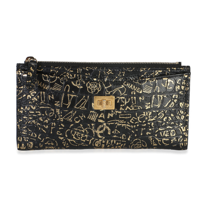 Chanel Black Gold Calfskin Crocodile Embossed Graffiti 2.55 Cocodile Reissue Zip Handbag id