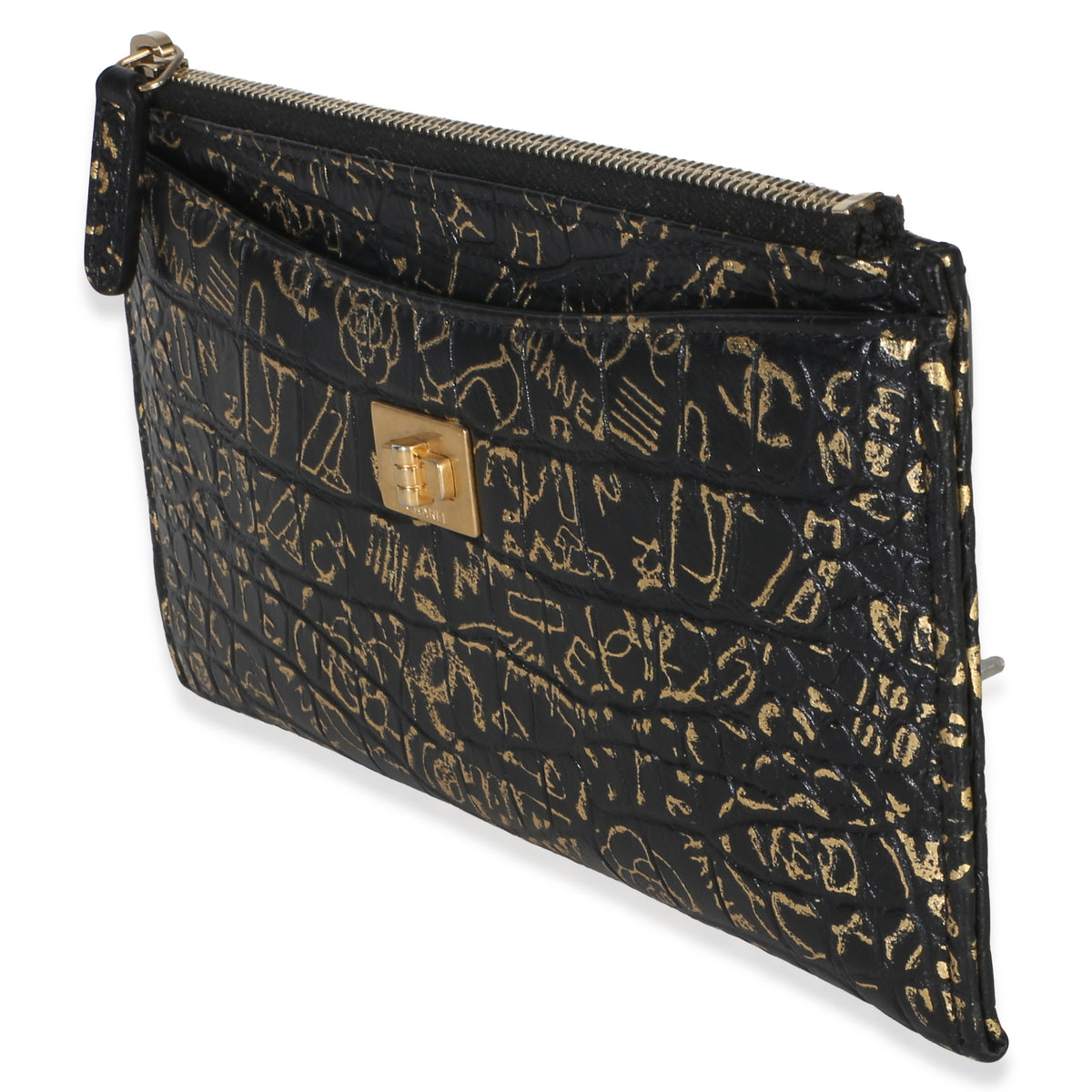 Chanel Black Gold Calfskin Crocodile Embossed Graffiti 2.55 Cocodile Reissue Zip Handbag 2