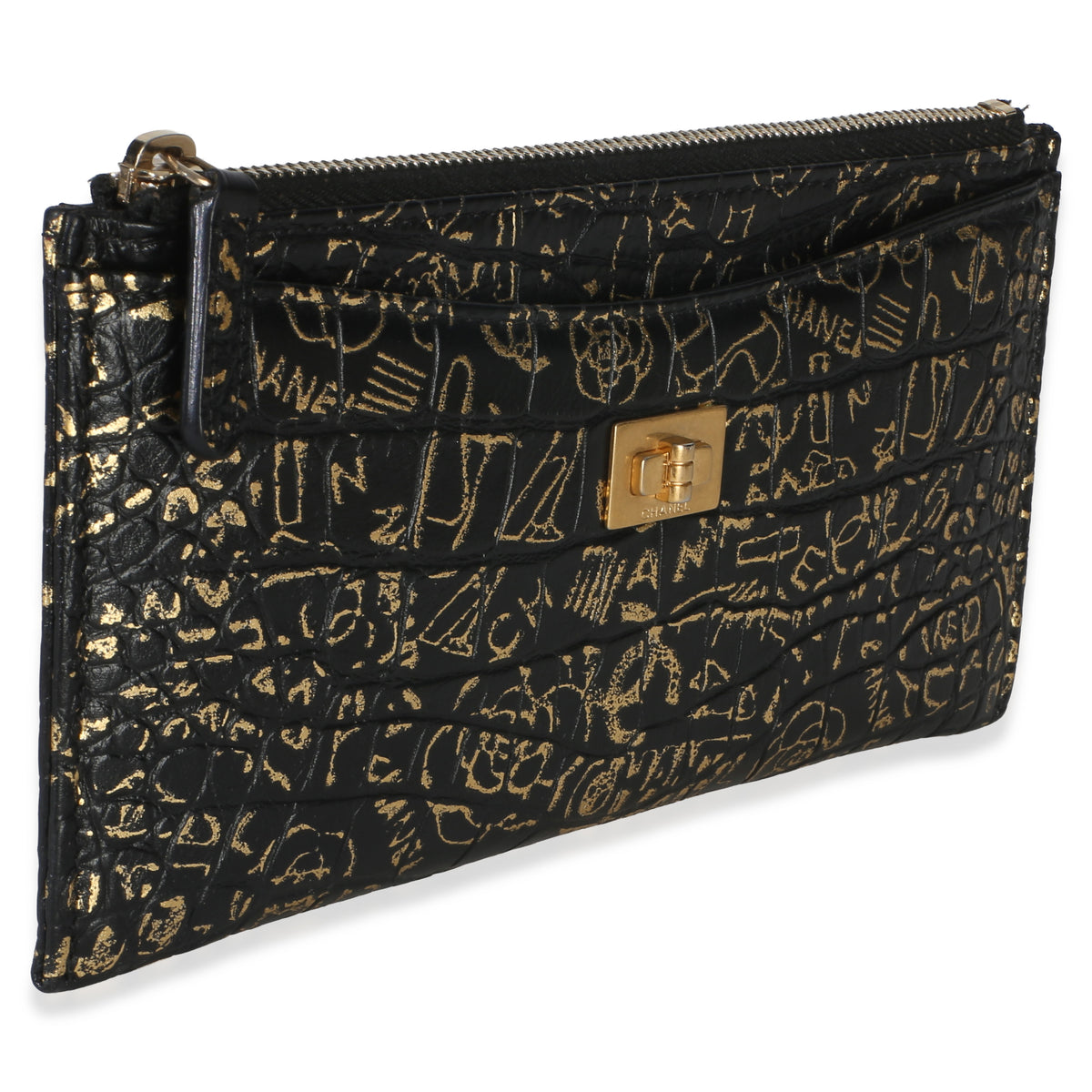 Chanel Black Gold Calfskin Crocodile Embossed Graffiti 2.55 Cocodile Reissue Zip Handbag 3