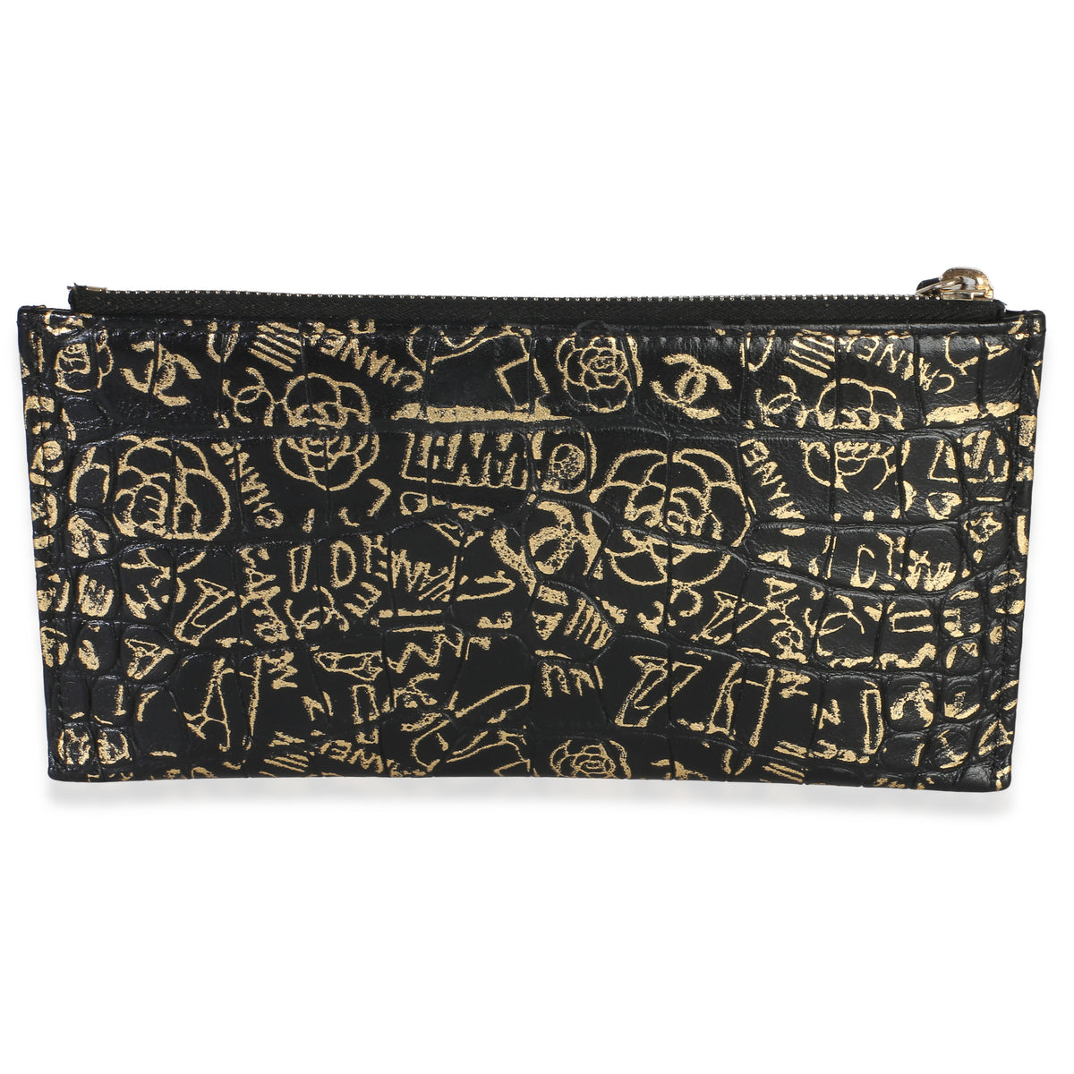 Chanel Black Gold Calfskin Crocodile Embossed Graffiti 2.55 Cocodile Reissue Zip Handbag 4
