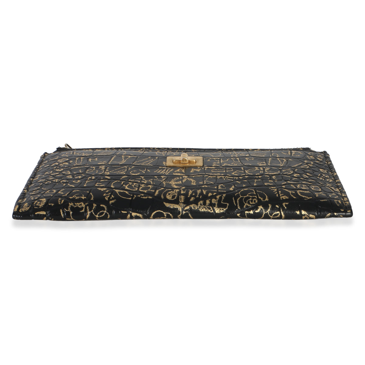 Chanel Black Gold Calfskin Crocodile Embossed Graffiti 2.55 Cocodile Reissue Zip Handbag 5