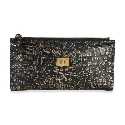 Chanel Black Gold Calfskin Crocodile Embossed Graffiti 2.55 Cocodile Reissue Zip Handbag fv