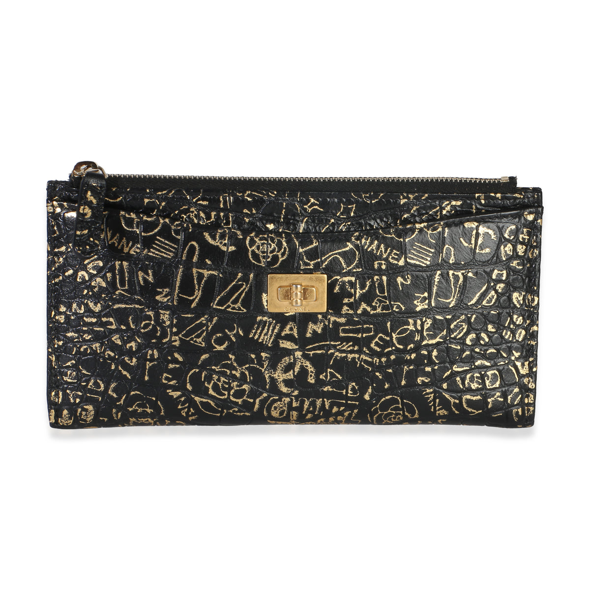 Chanel Black Gold Calfskin Crocodile Embossed Graffiti 2.55 Cocodile Reissue Zip Handbag fv