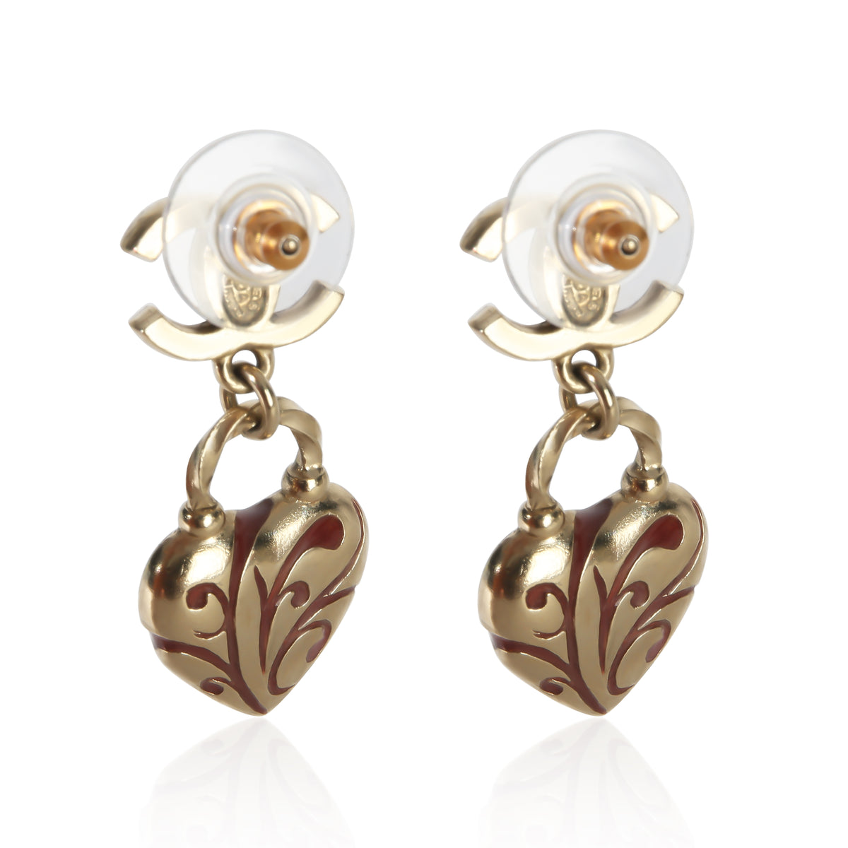 Chanel Gold Plated  2009 Red Enamel CC Heart Earrings 3