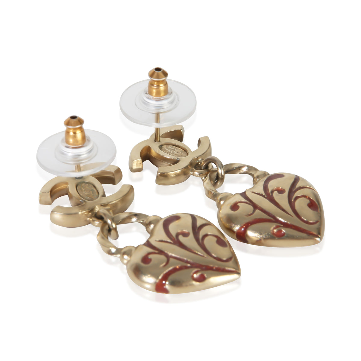 Chanel Gold Plated  2009 Red Enamel CC Heart Earrings 4