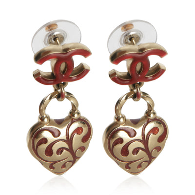 Chanel Gold Plated  2009 Red Enamel CC Heart Earrings fv