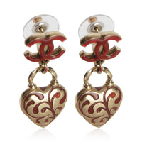 Chanel Gold Plated  2009 Red Enamel CC Heart Earrings fv