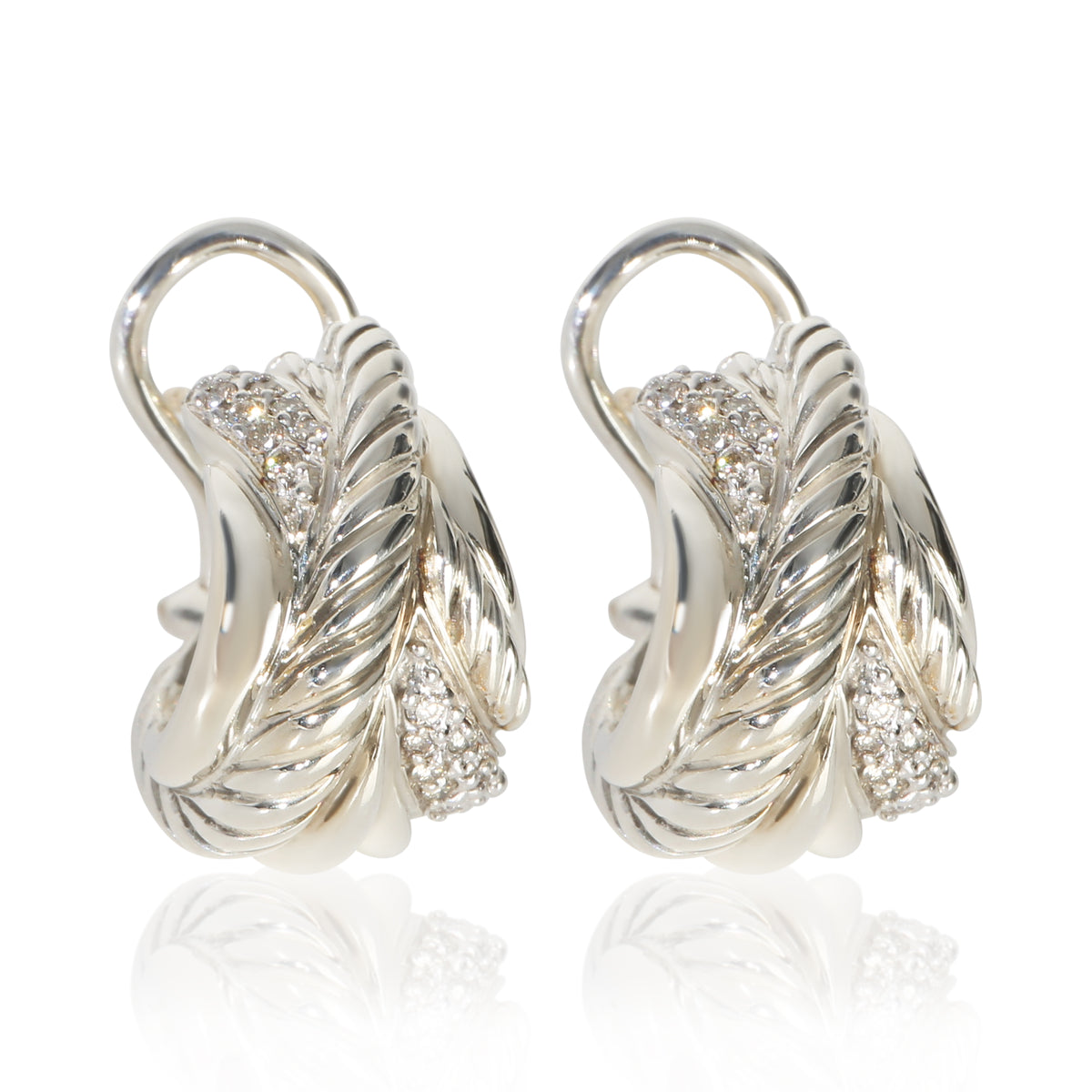 David Yurman Sterling Silver Diamond Crossover Hoop Earrings fv