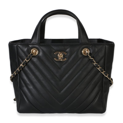 Chanel Black Chevron Calfskin Small Statement Shopping Tote Handbag id