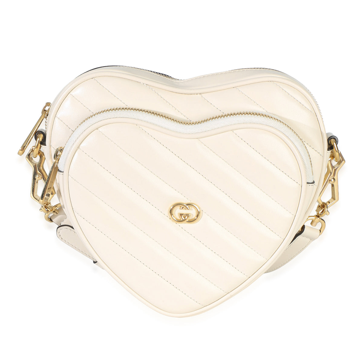 Gucci Mystic White Matelasse Calfskin Diagonal Mini Interlocking G Heart Handbag fv