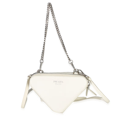 Prada White Saffiano Mini Triangle Crossbody Pouch Handbag fv