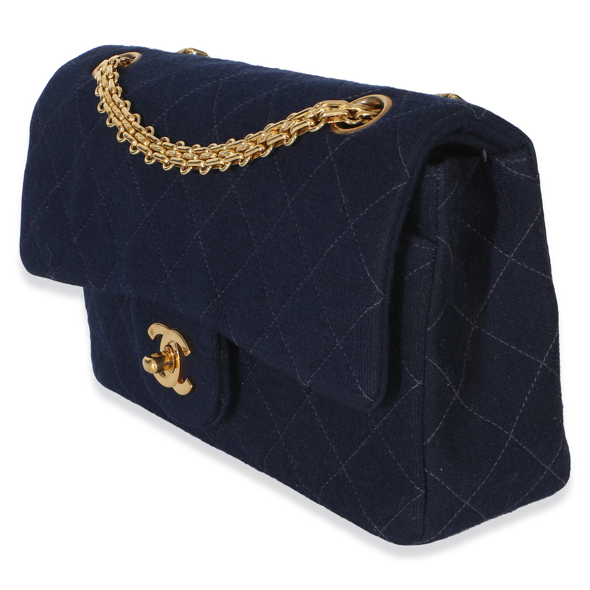 Chanel Vintage Dark Blue Quilted Jersey Small Bijoux Chain Double Flap Bag Handbag 2