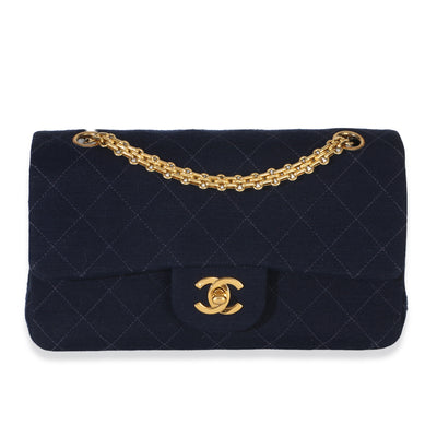 Chanel Vintage Dark Blue Quilted Jersey Small Bijoux Chain Double Flap Bag Handbag fv