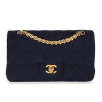 Chanel Vintage Dark Blue Quilted Jersey Small Bijoux Chain Double Flap Bag Handbag fv